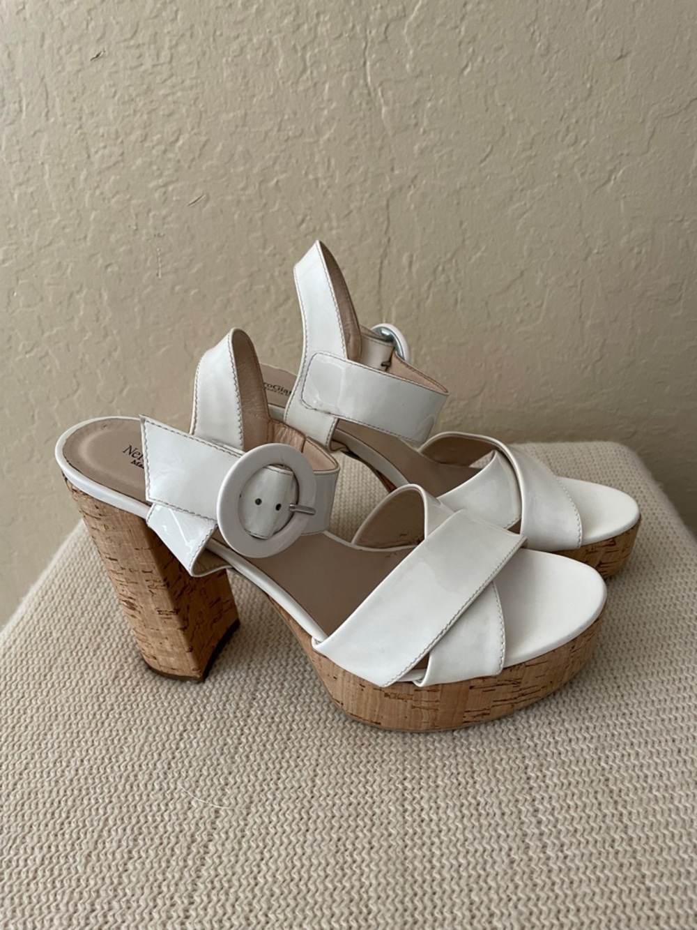 Nero Giardini White Cork Platform Sandals with Round Buckle